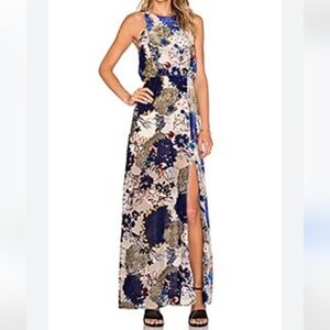 Line & Dot Belle Halter Cream and Blue Velvet Maxi Dress With Slit Front. XS